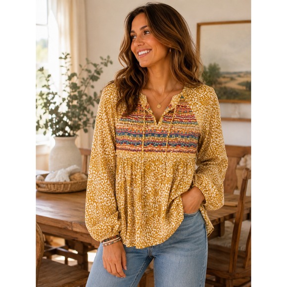 Savanna Jane Tops - Savanna Jane Mustard Yellow Leopard Embroidered Boho Babydoll Top Blouse L 17928
